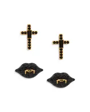Nadri Haunt Couture Black Crystal Cross & Vampire Lips Stud Earrings in 18K Gold Plated, Set of 2