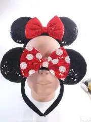2 Mimi sequined black Ears Girl Headbands one w/ sequined red bow+one red/wh