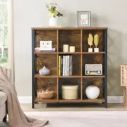 HOMFURN 9 Cube Storage Bookshelf, Industrial 4 Shelf Book Shelf, Rustic Brown