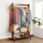 Rustic Bamboo Clothes Rack Wheeled Rolling Garment Shelf with 11 Hanging Hooks