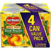 Del Monte Sliced Yellow Cling Peaches in 100% Juice, 15oz Cans (4 Pack)