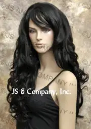 STRIKING! Long Full Wavy Curly layered Black Luscious Wig with bangs win