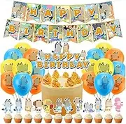 32 pcs Blue Dog Happy Birthday Party Decoration,Supplies Set Include Happy Birthday Banner, Cake Toppers, Themed Balloons