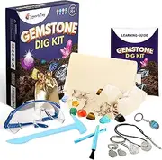 Gem dig kit with 12 Real Gemstones for Kids - Rock Collection Includes Excavation Tools, Goggles & Storage Bag, Display Keychain - Science Archeology Kits for Kids Ages 6 7 8 9 - Gift stem Activities