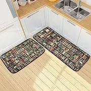 Kitchen Mats for Floor, 2 Piece, Bookshelf Boos Retro Funny Cute Washable Non-Slip Kitchen Rugs Set for Home & Office, Sink, Laundry, 19.7” x 27.6” + 19.7” + 47.2”