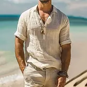 Men's Shirt Popover Shirt Casual Shirt Cotton Shirt Plain Vacation Hawaiian Khaki Long Sleeve Lapel Summer Spring Clothing Apparel