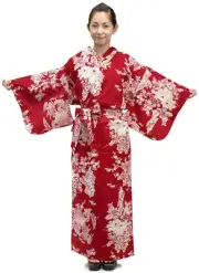 Women's Yukata Robe Japanese Summer Kimono - Peony & Beauty Red
