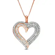 1 CT. T.W. Baguette and Round Natural Diamond Double Row Heart Pendant in 10K Rose Gold