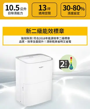 Whirlpool惠而浦 10.5L節能除濕機 WDEE20AW【可減免貨物稅$900】 適用13坪 (5.9折)