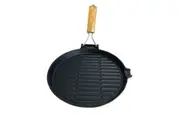 Pre-Seasoned 24cm Shallow Cast Iron Frying Pan Griddle with Wooden Handle
