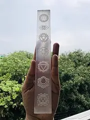 CRYSTALMIRACLE Selenite Large 7 INCHES Engraved Stick Crystal Healing Reiki FENG Shui Metaphysical Gemstone Gift Positive Energy Peace Meditation Wellness Handcrafted