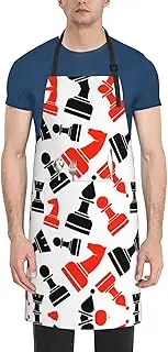 [CADREWY] Chess Pattern Print Adjustable Apron 28 x 33in Kitchen Apron with Pockets Versatile Unisex Chef Aprons, Black