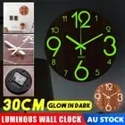 12" Modern Luminous Round Silent Wall Clock Glow In Dark Wooden Non-Ticking Home