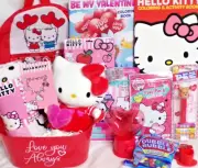 NEW HELLO KITTY VALENTINES DAY GIFT BASKET PLUSH HEART DOLL FIGURE BLANKET CANDY