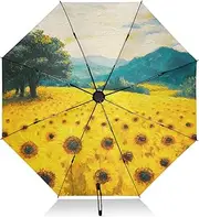 [PDZRMY] UV Protection Travel Umbrella Sunflower Field Tree Compact for Rain and Sun - Auto Open and Close UPF 50+ Windproof Portable 46” Sun Umbrella for Women and Men