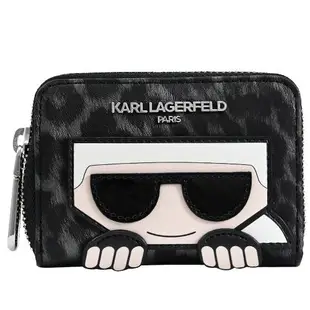 KARL LAGERFELD 卡爾 經典豹紋印花風琴多卡夾零錢包.黑