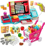 Interactive Kids Cash Register Toy - Educational Pretend Play Store Set with Shopping Cart, Includes Music, Real Calculator & Scanner - Ideal Birthday Gift for Girls & Boys Ages 3-8 (Red-Blue)