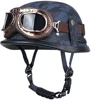 Retro Adults Leather Motorcycle Half Helmet German Style Personality Open Face Helmet + Goggles Men & Women Street Cruiser Scooter Moped Jet Style Helmets DOT Approved
