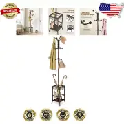 Sturdy Space-Saving Coat Rack with 12 Hooks and Bottom Umbrella Tray - Brown