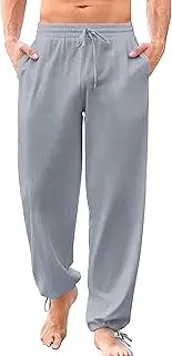 [Aosufei] Men's Casual Stretch Comfort Beach Pants Cotton Linen Drawstring Summer Trousers Stylish Solid Lightweight Pants