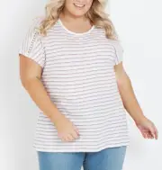 BNWT Womens Sz 20 Autograph Brand Crochet Stripe Tee Shirt Top Short Sleeve
