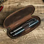 Handmade Crazy Horse Leather Pen Case Oval Design for 2 Pens with Zipper