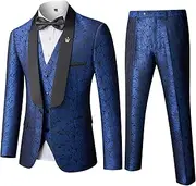 [MY'S] Men's Floral Tuxedo, 3 Piece Slim Fit Jacquard Suit, Jacket Vest and Pants Shawl Lapel with Bow Tie for Wedding Prom