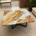 White Resin Wooden Walnut Epoxy Square Table Top, Live Edge Epoxy Coffee Tables