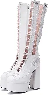 [Frankie Hsu] Women's Large Size Lace Up Platform Chunky Block Heels Knee High Boots