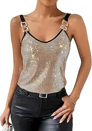 [Generic] Women's Contrast Binding Sequin Ring Linked Sleeveless Casual Tank Top