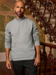 Grey Roll Neck Essential Long Sleeve 100% Cotton T-Shirt (E32846) | $13