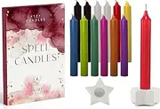 Sacred Nest Magic Spell Candles | Set of 12 Coloured Candles with Ceramic Star Spell Candle Holder & Spell Book | Perfect Witch Gifts | Small Candles for your Witchcraft Supplies | Candles and Holders