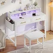 YITAHOME Modern Vanity Desk with Stool, Small Makeup Table with Drawers and RGB Lights, Power Outlet, Interchangeable Side Hook & Side Pocket, No Mirror Design (31.5 x 15.7 x 34.3 Inches, Pearl White)