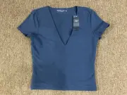 465 Abercrombie & Fitch S Short Sleeve Deep Vneck Semi Crop T-Shirt Soft AF Blue