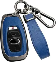 ontto Metal Car Key fob Cover Fit for Subaru Forester Crosstrek Outback WRX Ascent BRZ Impreza Legacy Leather Smart Key case Shell Key Holder Bag Keyring Keychain Protector Accessories Black-Blue