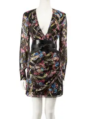 Floral Print Metallic Belted Mini Dress