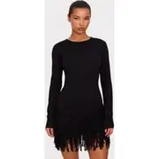 Black Fine Knit Fringe Hem Long Sleeve Micro Mini Dress, Black
