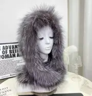 Winter Fur Hats&Scarves Warm Fluffy Fur Hat Scarf Knit Fur Hooded Women Scarf