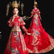Chinese Traditional Wedding Dress Xiuhe Long Qipao Red Embroidery Oriental Style