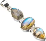 [StarGems] Natural Blue Fire Labradorite Handmade 925 Sterling Silver Pendant 2" D9871