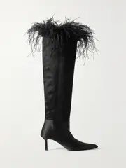 [ALEXANDER WANG] ALEXANDER WANG - Viola Feather-trimmed Satin Over-the-knee Boots - Black - IT35.5 IT 35.5 Black