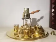 Turkish Brass Coffee Pot Set Sauce Tray 4 Cups Sugar Bowl Copper brass Hammered