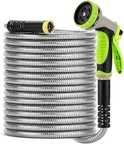 UNCO Stainless Steel Garden Hose, 10 Feet, Silver, No Kink, Lightweight, Portable, Puncture-Resistant