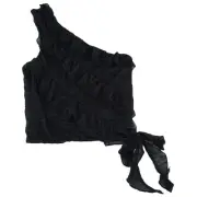 Crystal Sky Tiered One Shoulder Crop Top Women's Size Small Black Ruffles Sheer