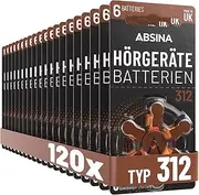 ABSINA Hearing Aid Batteries 312 Pack of 120 with Easy-Grip Protective Film - Batteries for Hearing Aids 312 Zinc Air with 1.45 V - Type 312 Hearing Aid Battery Brown - PR41 ZL3 P312 Hearing Aid