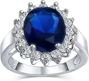 [Bling Jewelry] Personalize Vintage Art Deco Style Cocktail Ring with Large Oval Solitaire AAA CZ Baguette Halo Simulated Sapphire Blue Green Customizable