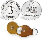 ACGZQY 3 Years Sobriety Coin - One Day at A Time AA Coins and Medals Anonymous Alcoholics Sobriety Chip Triplate Recovery Gifts Sober Token with PU Leather Keyring