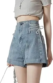 [Generic] Fashion Lace Up Denim Shorts Women Sweet High Waist Preppy Style Jeans Shorts Summer Casual Design Cute Shorts