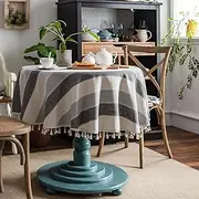 Plobeca Stripe Tassel Tablecloth Dust-Proof Table Cover Round Cotton Linen Table Cloth for Kitchen Dining Round Table Home Decoration (Grey, Dia 140CM)