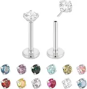 [Pierced Koala] 2PCS Titanium 18G Threadless Flat Back Birthstone Gem Stud Earrings Labret Helix Tragus Cartilage Lip Monroe Conch Ear Stud Barbell Body Piercing Jewellery